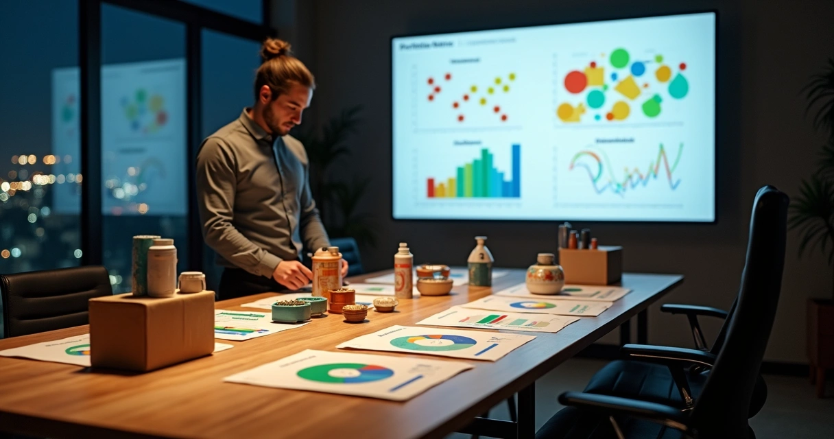 Gestor analisa dados de vendas de vários produtos em mesa com gráficos coloridos 