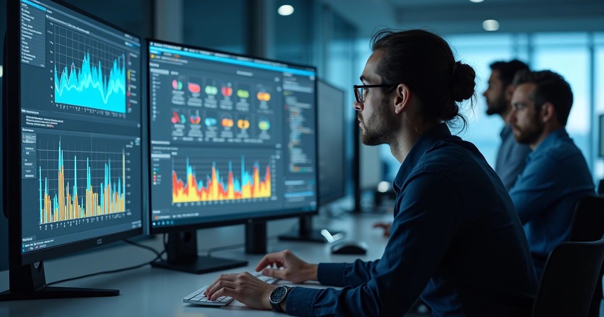 Data scientists analisando gráficos que mostram distorções em conjuntos de dados de IA 