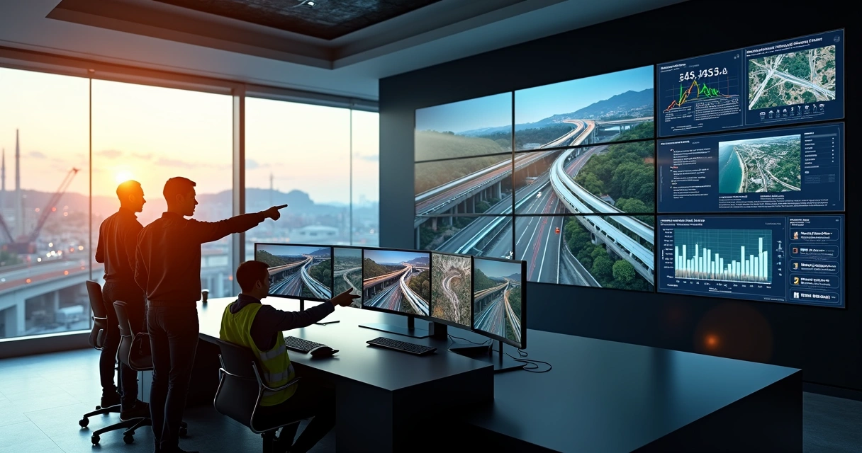 Mosaico de telas exibindo dados visuais de obra de infraestrutura em centro de controle 