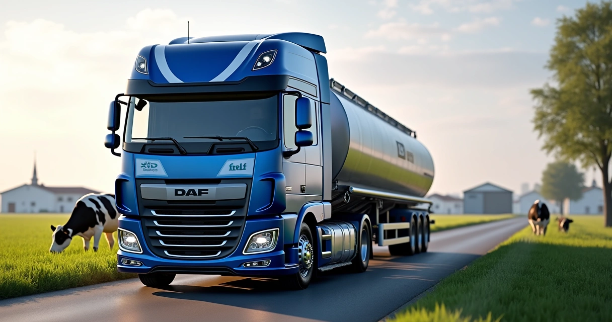 Caminhão DAF elétrico azul com faixas brancas recolhendo leite em fazenda europeia 