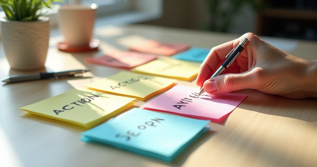 Sticky notes with daily actions aligned with intentions on a desk 