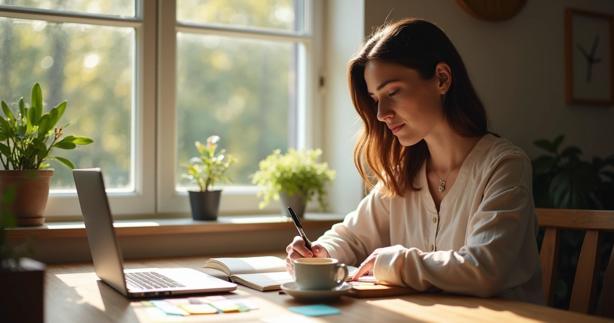 Woman journaling at a table, reflecting, sunlit window behind, with a cup of coffee 