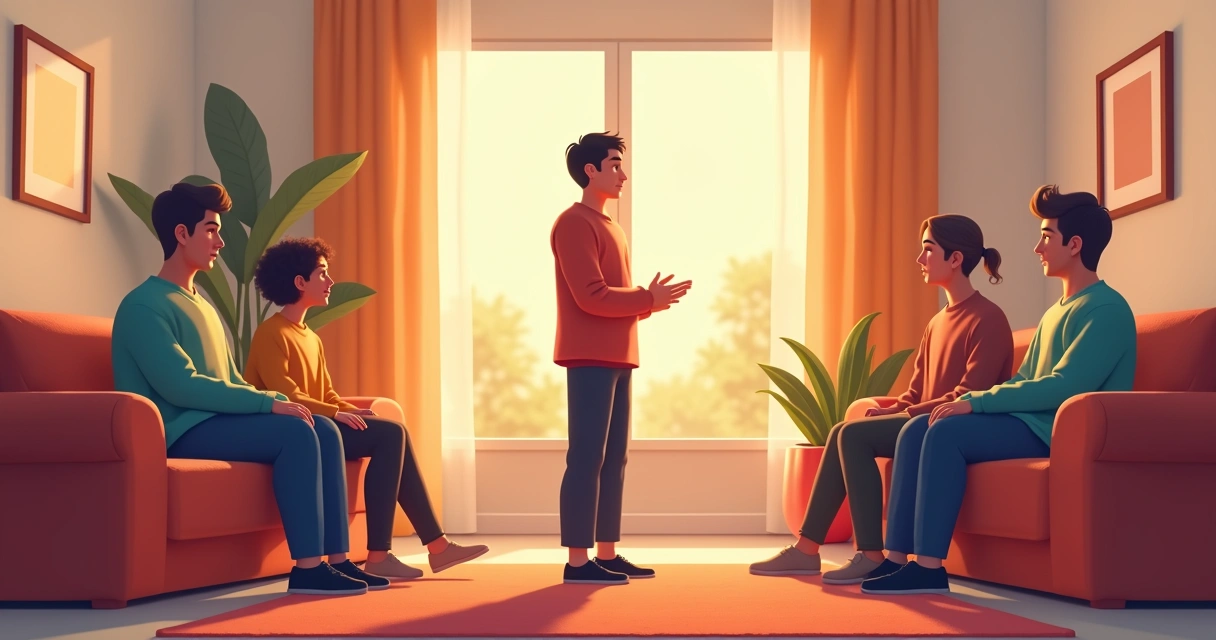 Illustration of a person calmly saying no, others respecting the decision in a living room 