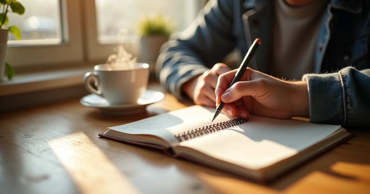 Hand writing in journal next to cup of tea, cozy morning routine. 