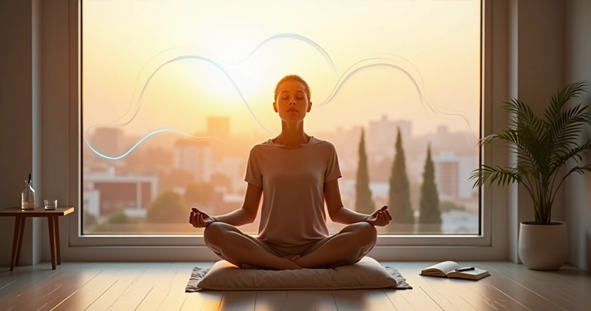 Person practicing mindful breathing at sunrise with calm minimalist surroundings 