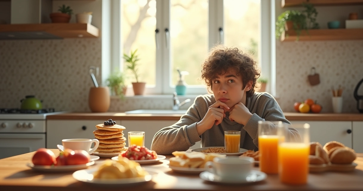 A kitchen table filled with multiple breakfast choices, a person looking indecisive 