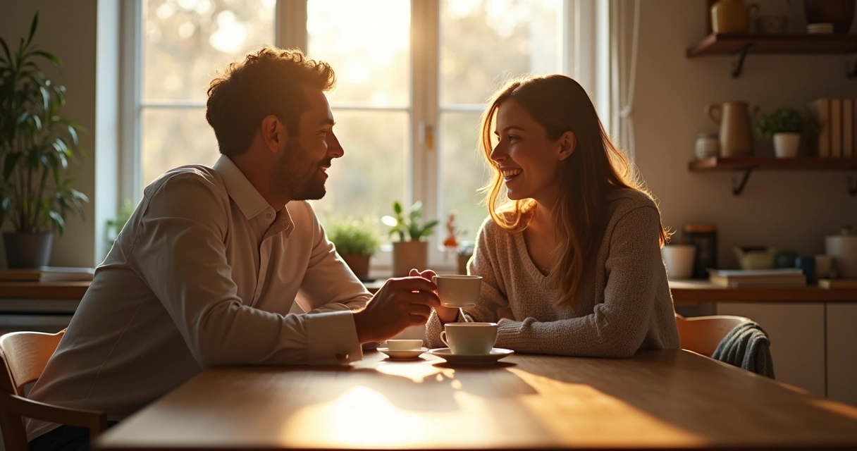 Two people sharing a cup of tea at a cozy kitchen table