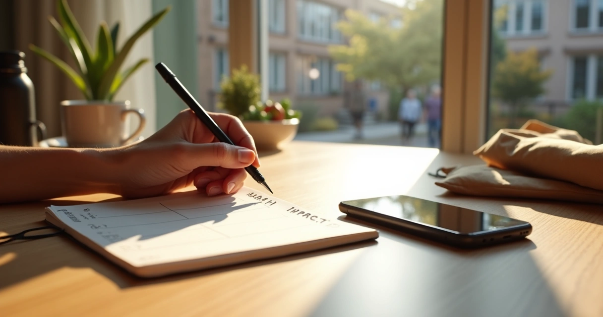 Person marking conscious choices on a journal at a kitchen table 