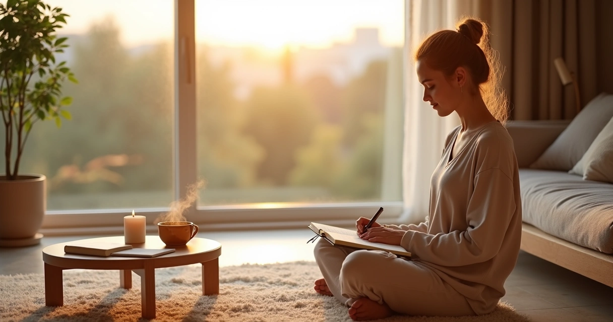 Person practicing mindful morning routine with journal meditation and tea 