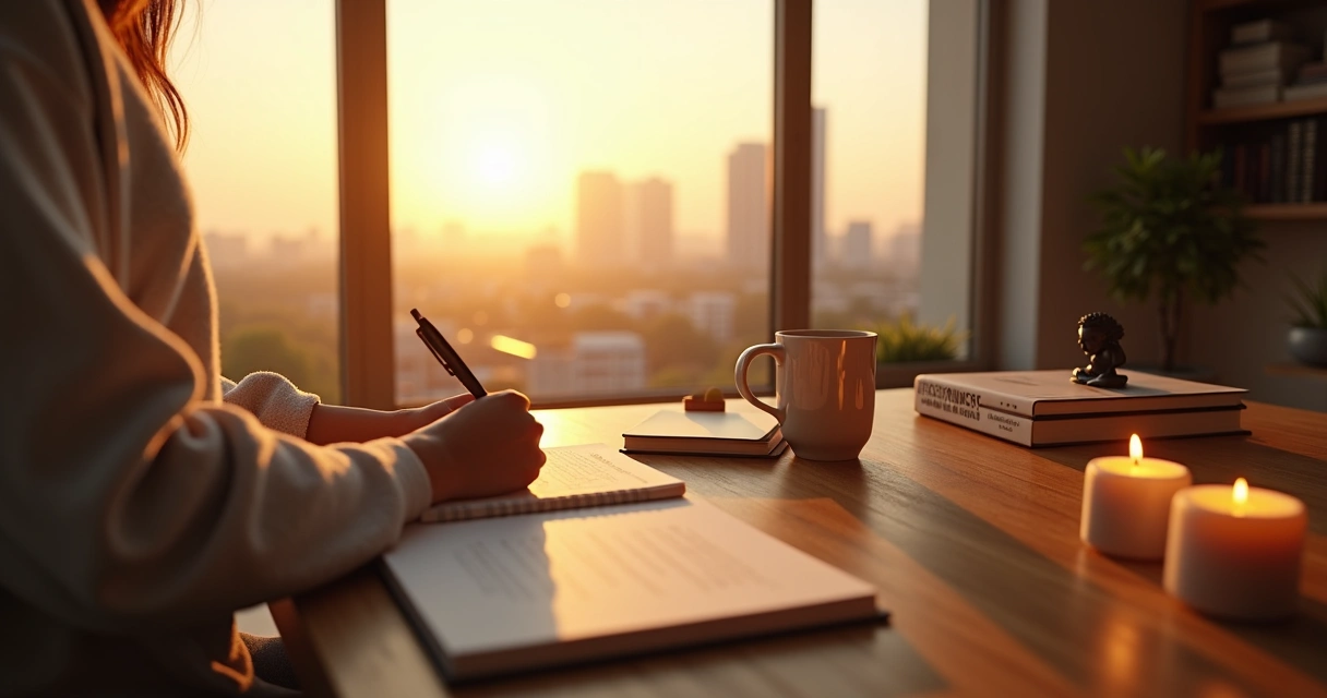 Person journaling daily reflection questions at sunrise by a window 