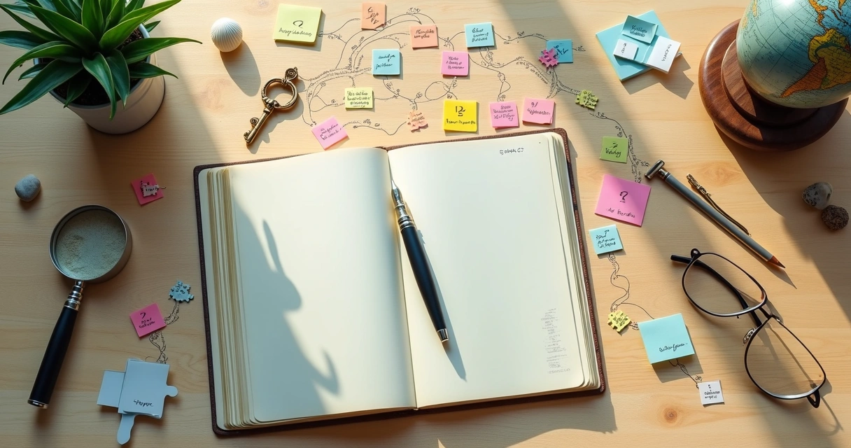 Top view of a desk with varied objects arranged like a curious mind map 