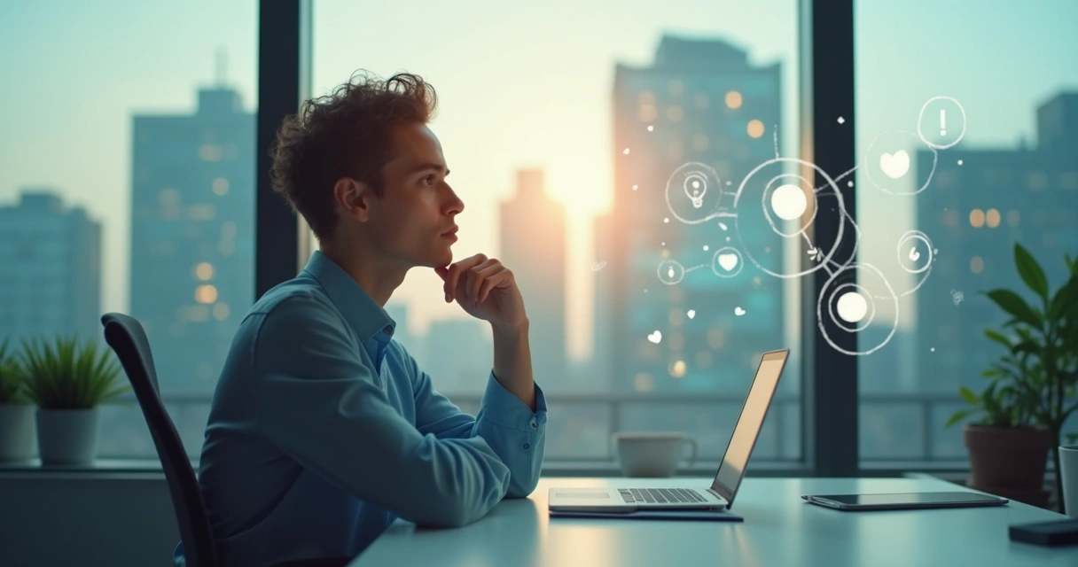 Person in an office setting pausing with a thoughtful look, surrounded by floating icons representing beliefs and ideas 