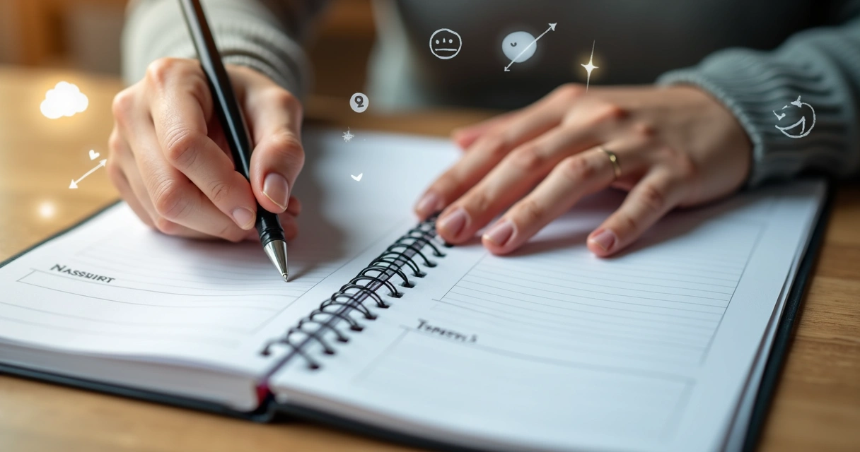 Hand holding a pen, pausing above a daily planner, with faint shadows suggesting emotional reactions in the background 