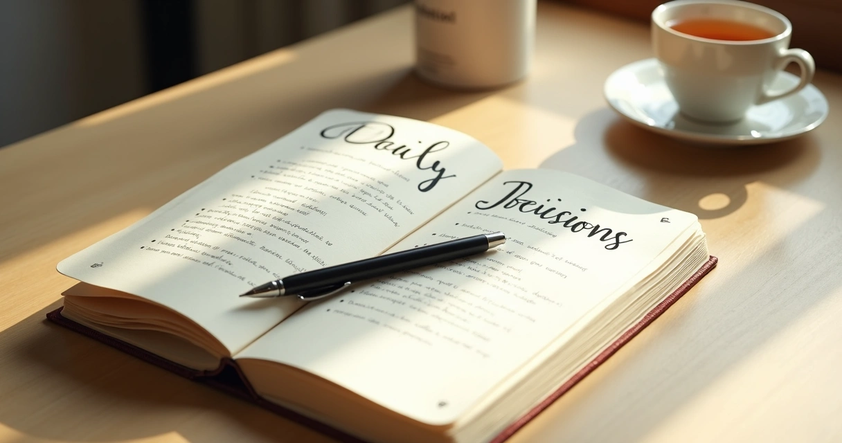 Handwritten journal open on a wooden desk, with short reflections and a pen resting across the page.