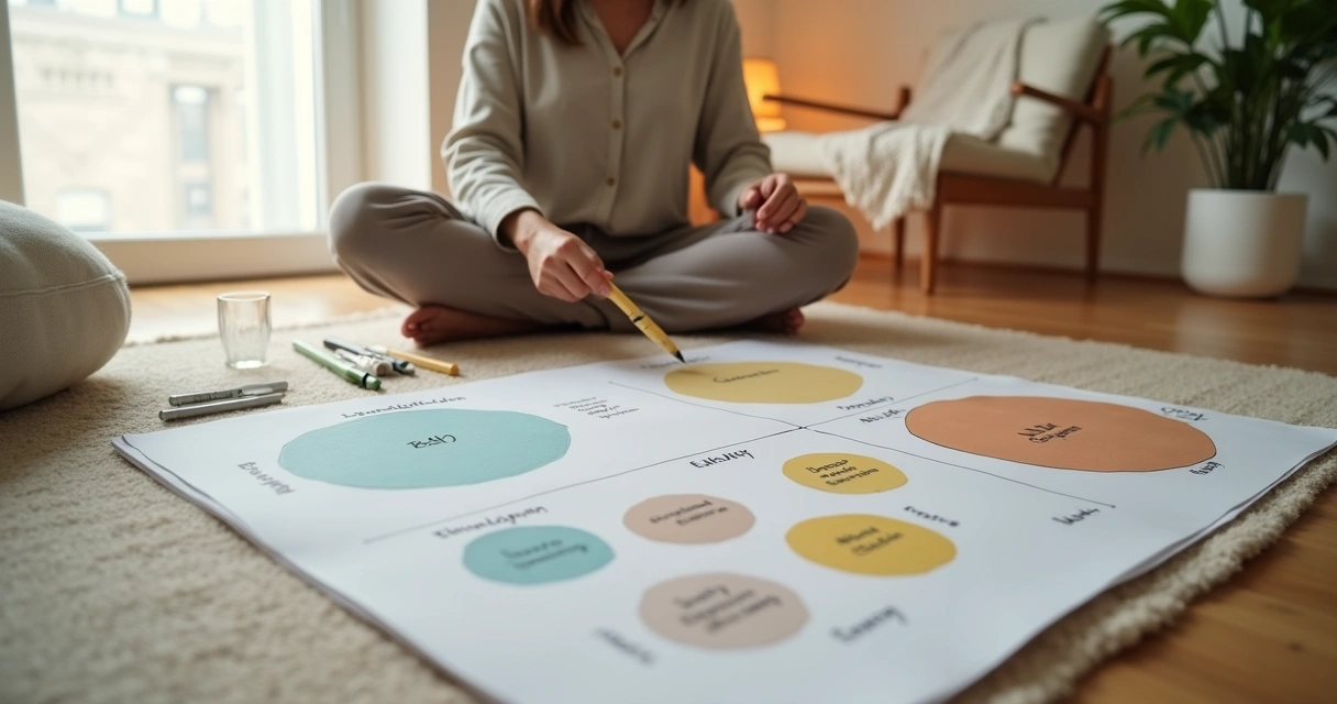 Person mapping emotions on colored circles in a calm room 