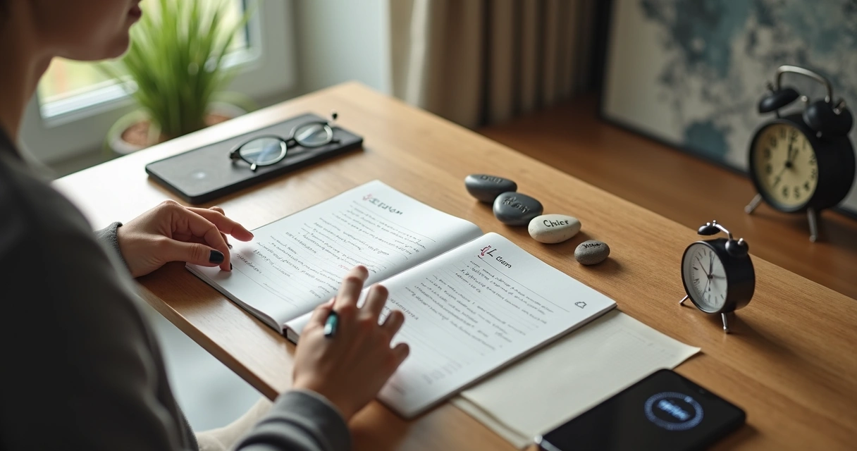 Person doing a quick emotional check-in at a tidy desk with journal and timer 