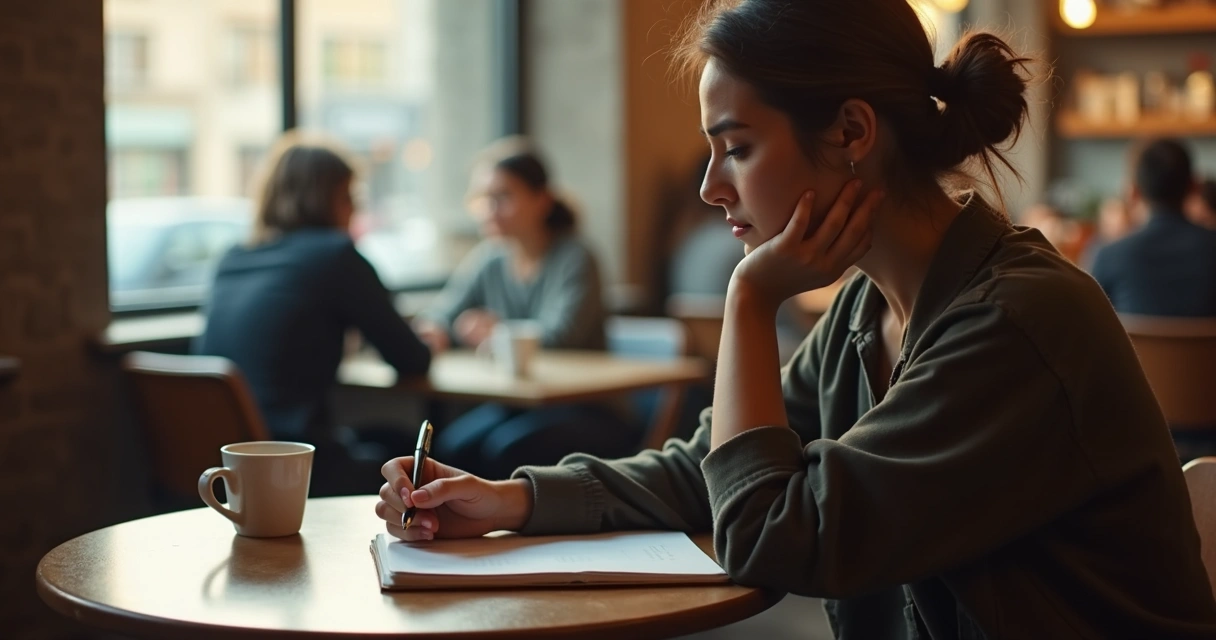 Person quietly reflecting at a coffee table with notebook and pen 