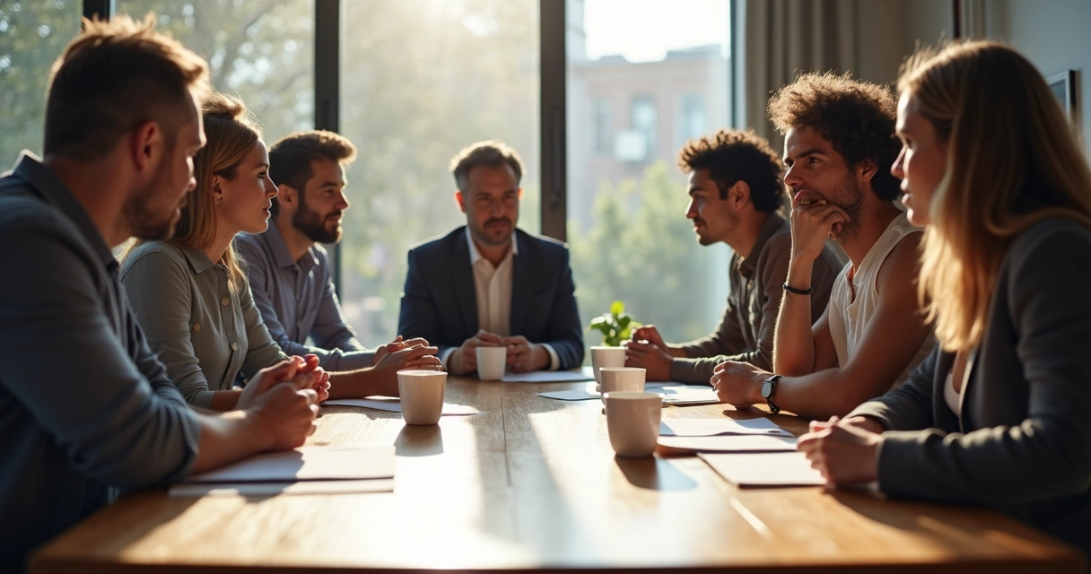 People gathered around a table discussing ethical choices