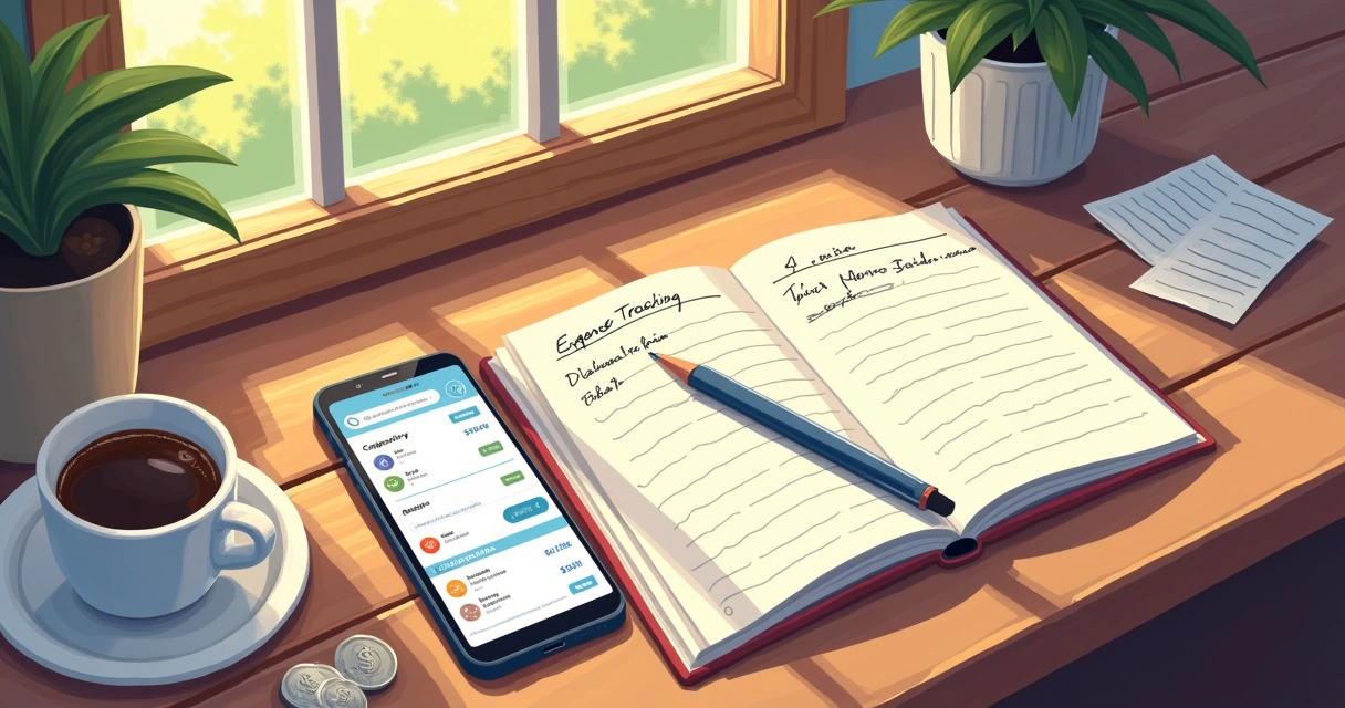 Tracking expenses on an app and paper notebook