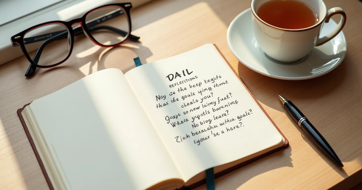 Open journal with handwritten goals beside a cup of tea and glasses 