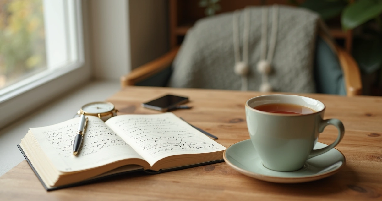 Open journal beside tea and a calm morning routine setup 