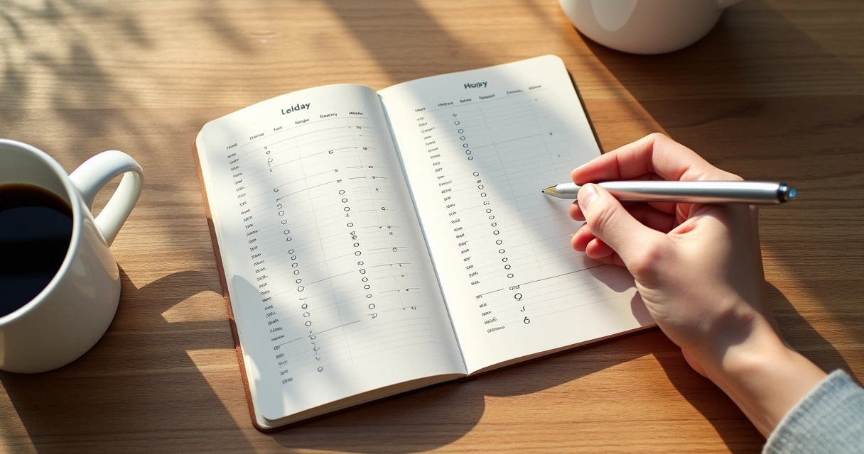 Hand writing on a habit tracker journal with coffee mug nearby. 