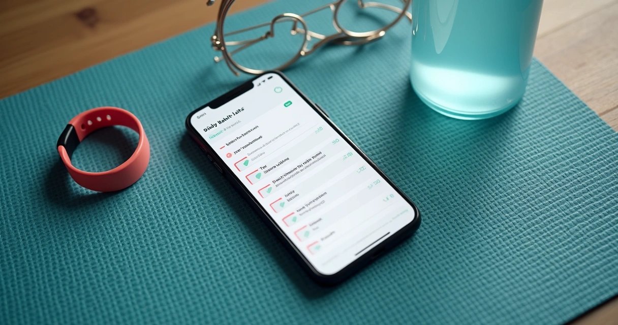 Smartphone with daily habit tracking screen beside fitness band and water bottle 