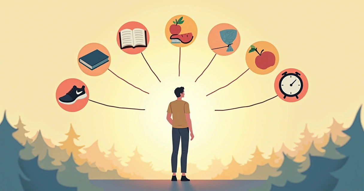 Person surrounded by daily habits icons with decision paths 