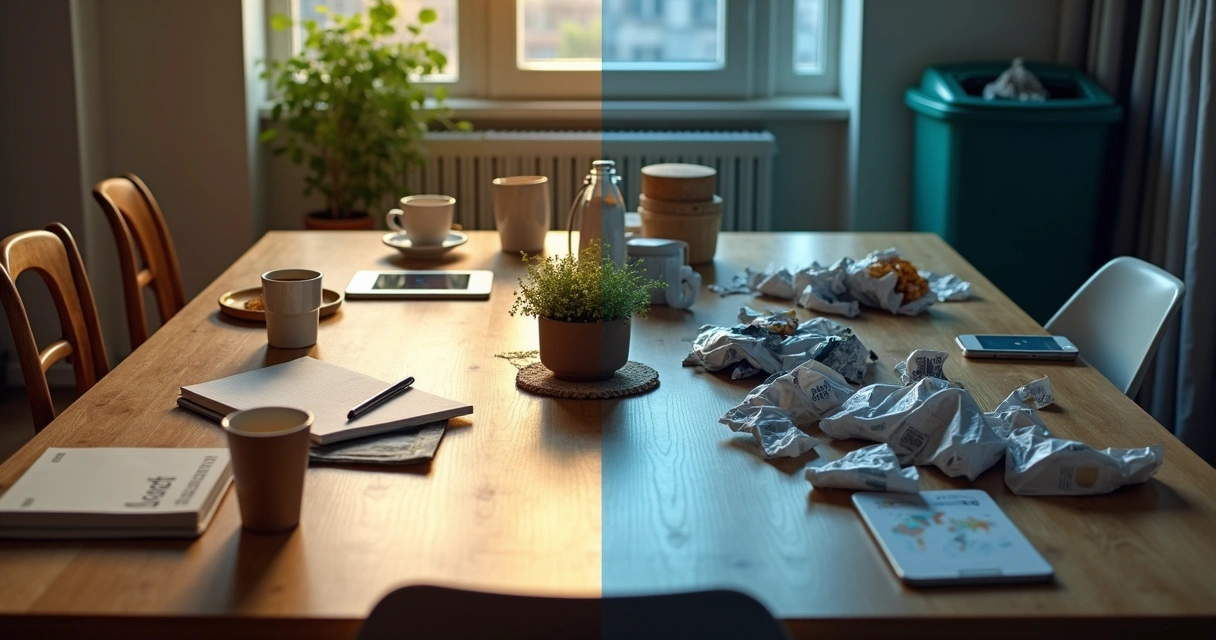 Person at a table split between mindful and careless daily habits 