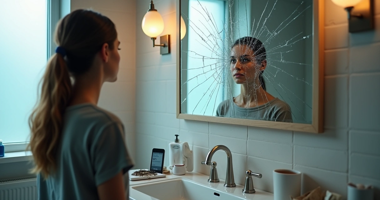 Person surrounded by small daily objects reflected in a cracked bathroom mirror 