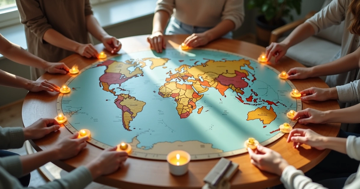 Hands arranging small glowing tokens into a circular pattern on a world map table 