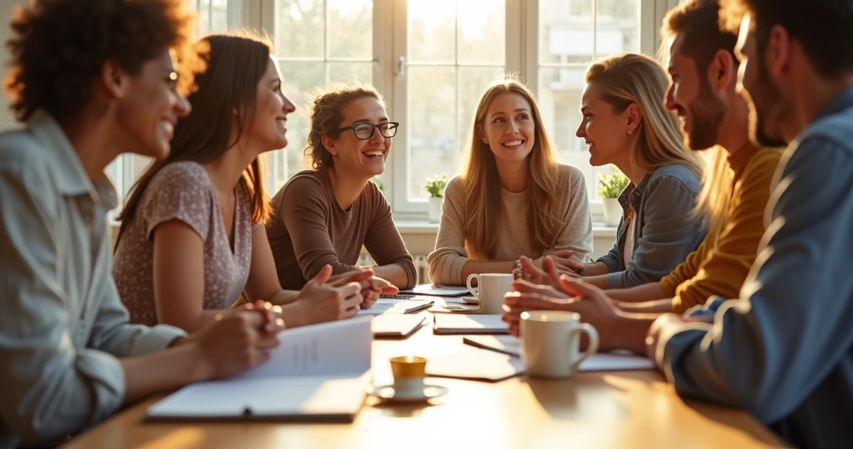 Team gathered around a bright table, talking and smiling, light atmosphere