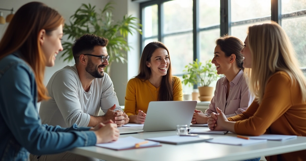 Colleagues in conversation at a shared desk workspace 
