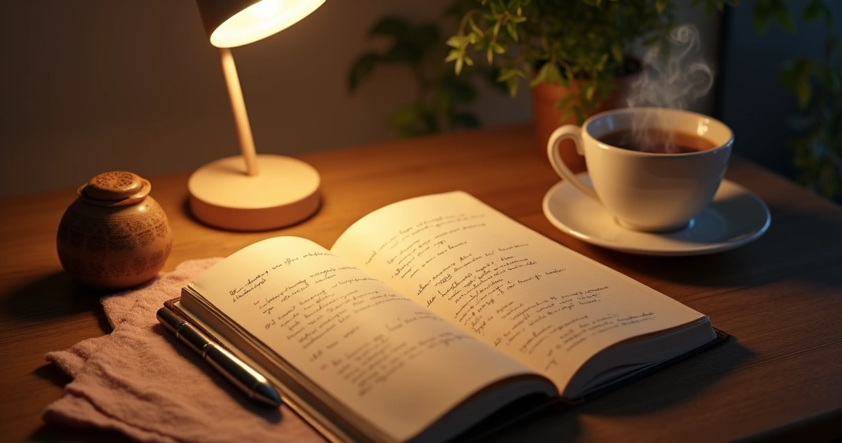 Reflection journal open on a tidy desk with a pen and a cup of tea