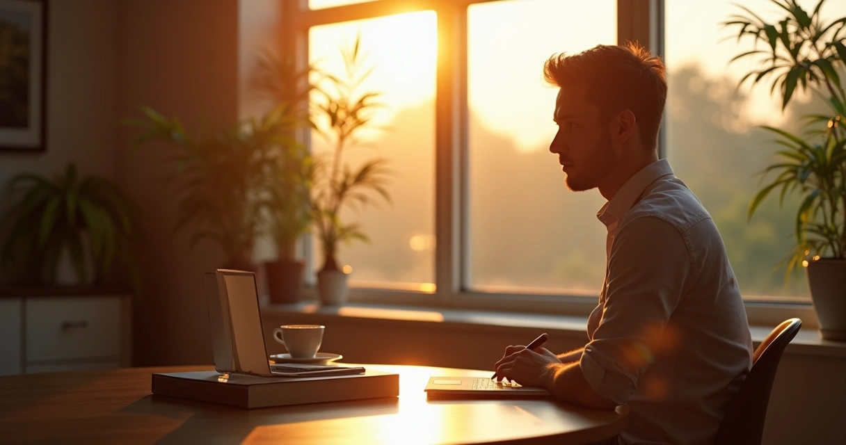 Leader reflecting alone early morning by a large window with sunlight revealing their thoughtful expression. 