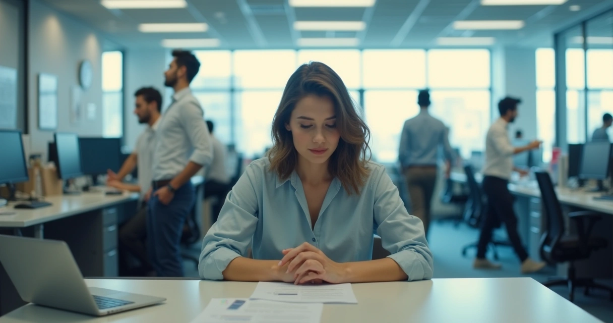 Person calmly handling daily stress with gentle focus in an office setting. 
