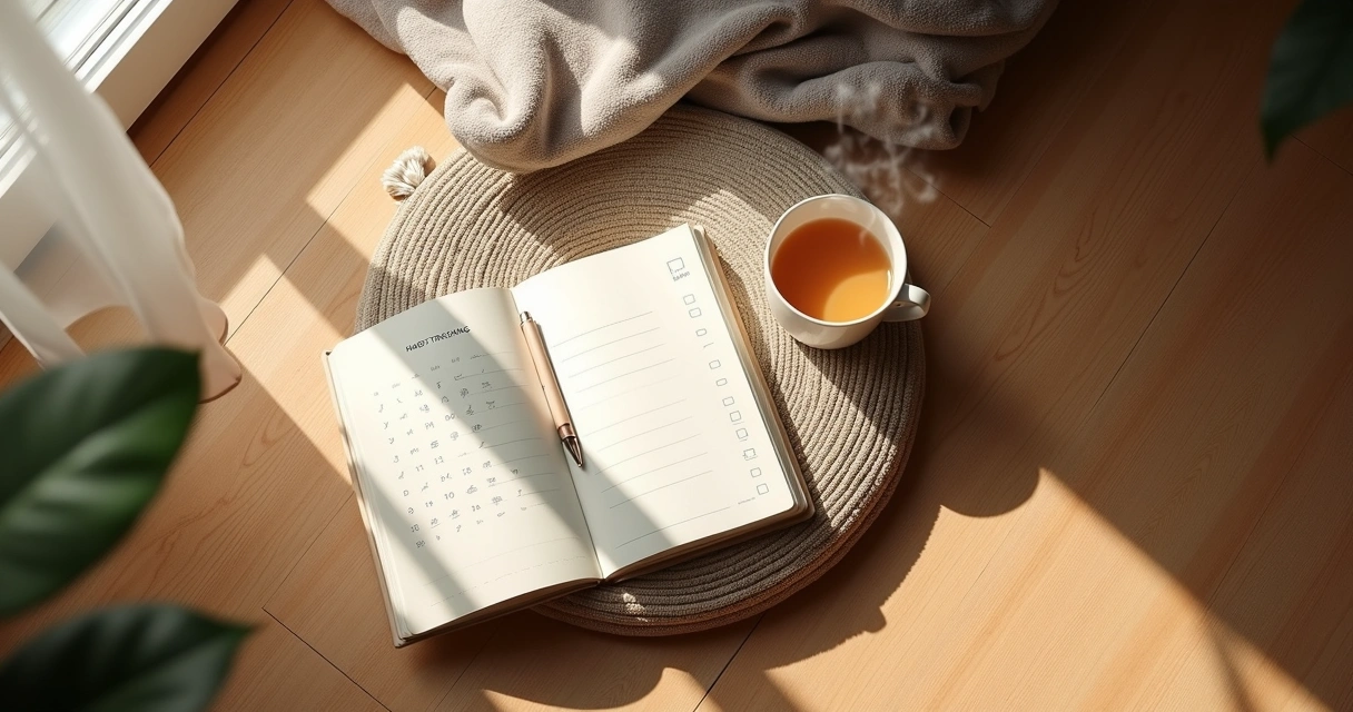 Meditation cushion and journal used for daily habit tracking