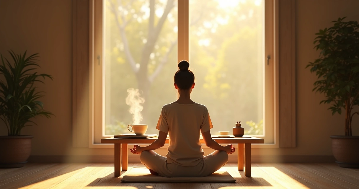 Morning meditation ritual with a person sitting on a cushion, sunlight, and tea nearby 