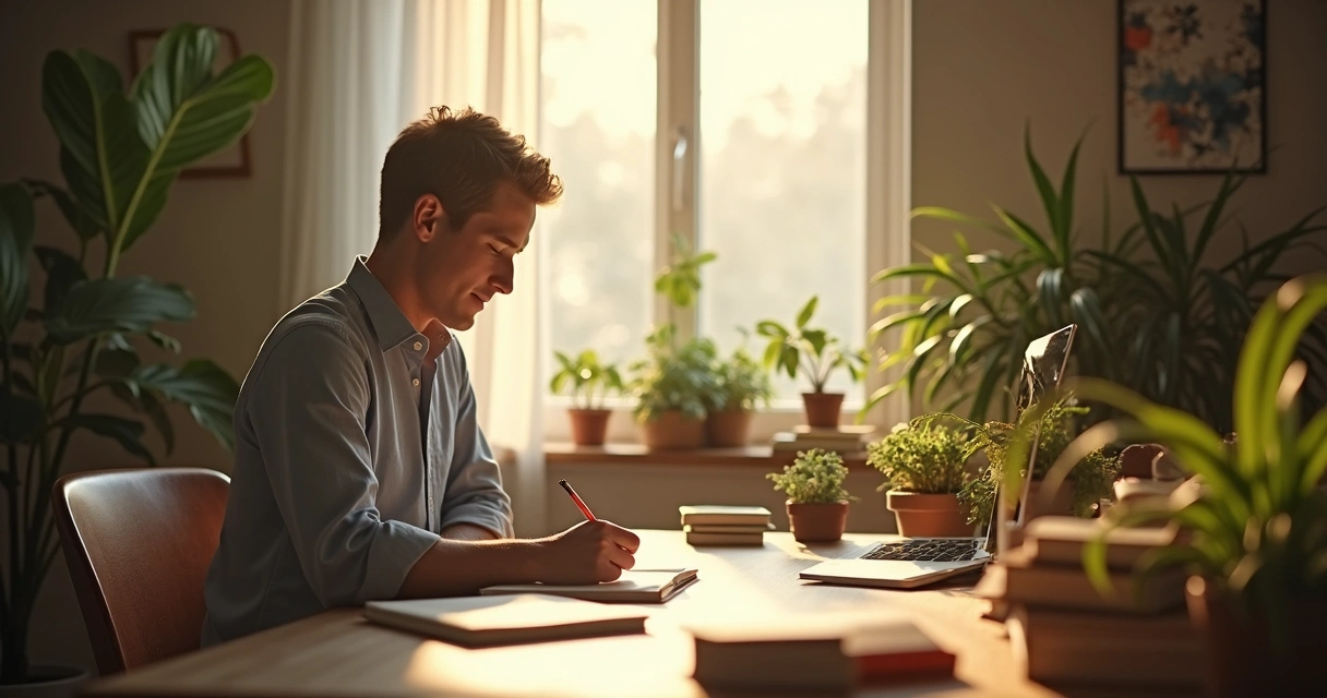 Person at desk with small daily actions creating soft ripple effect on surroundings