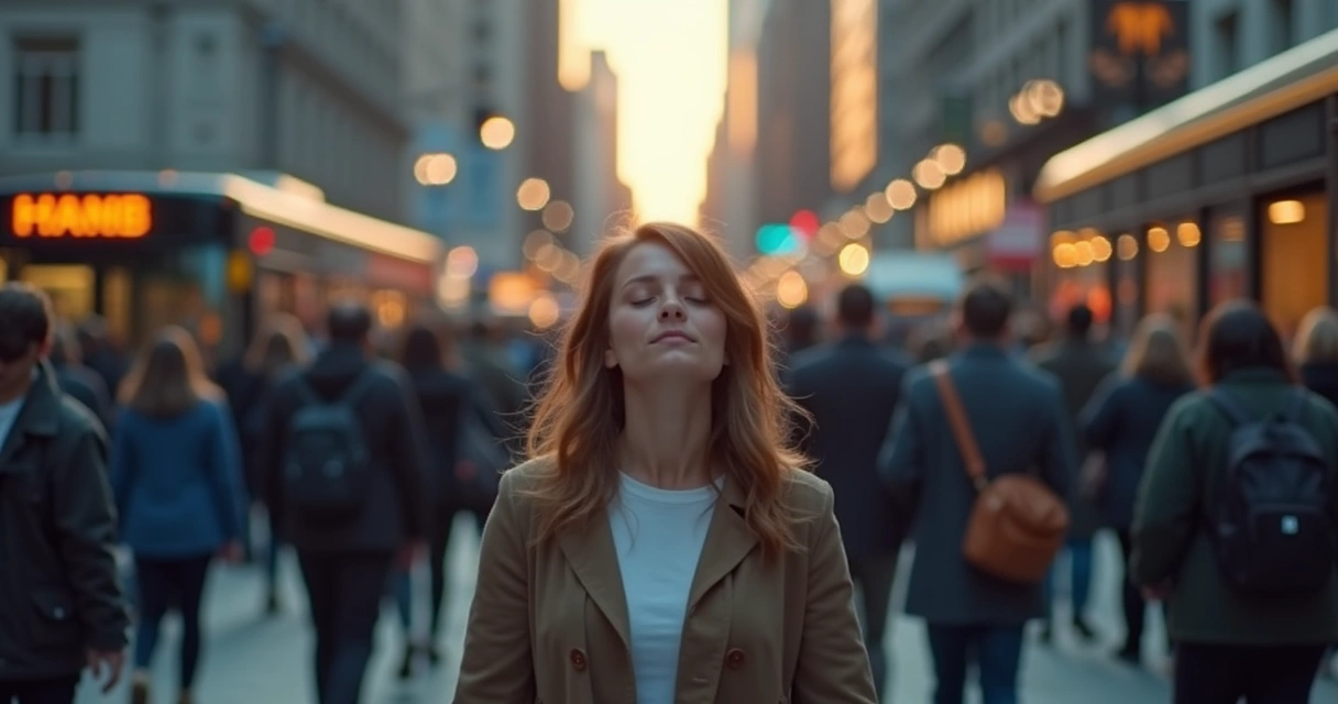 Commuter pausing in a busy street, taking a deep breath amidst crowds 