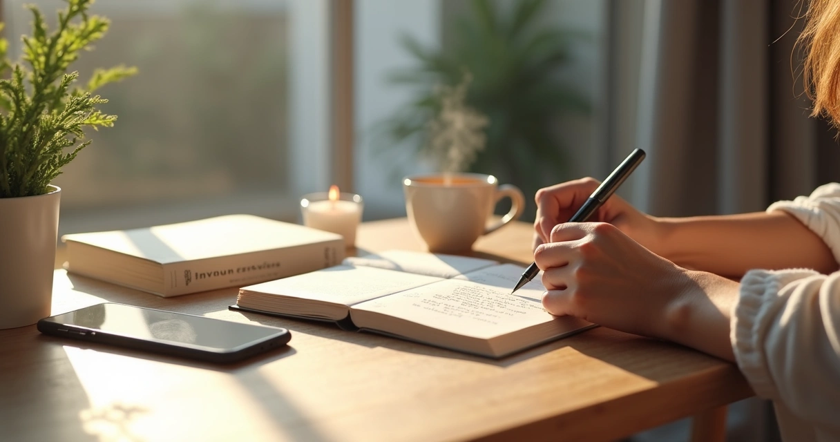 Morning conscious ritual with journal candle and tea on a wooden desk 