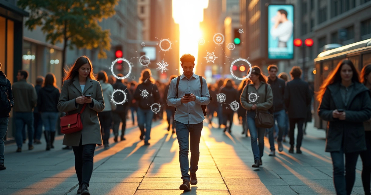 Crowded city sidewalk where one figure glows with highlighted repeating patterns over daily triggers 