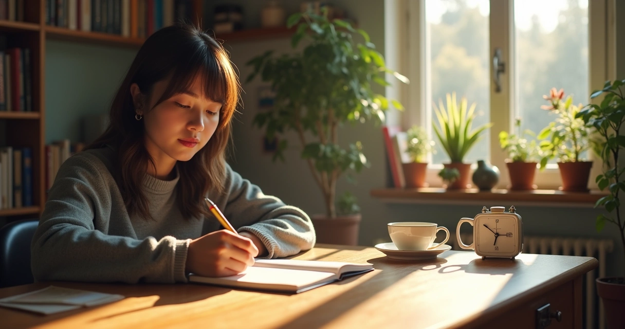 Person reflecting at a desk with notebook, sunbeam coming through window