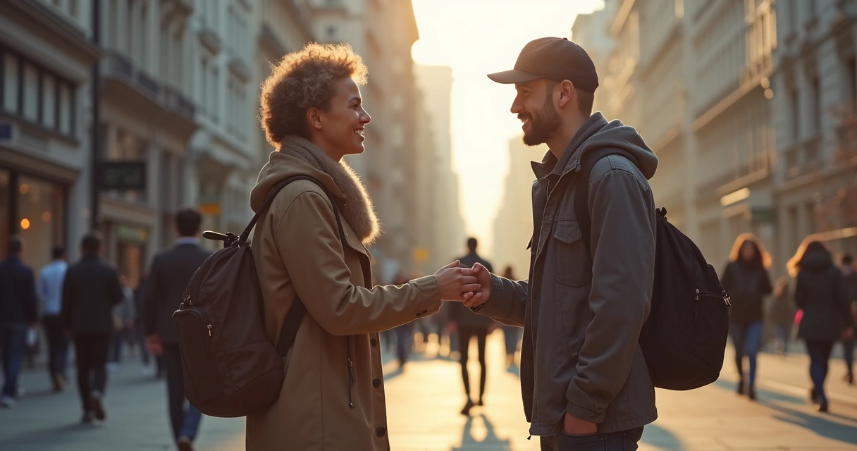 Person helping a stranger with directions on a busy city sidewalk 