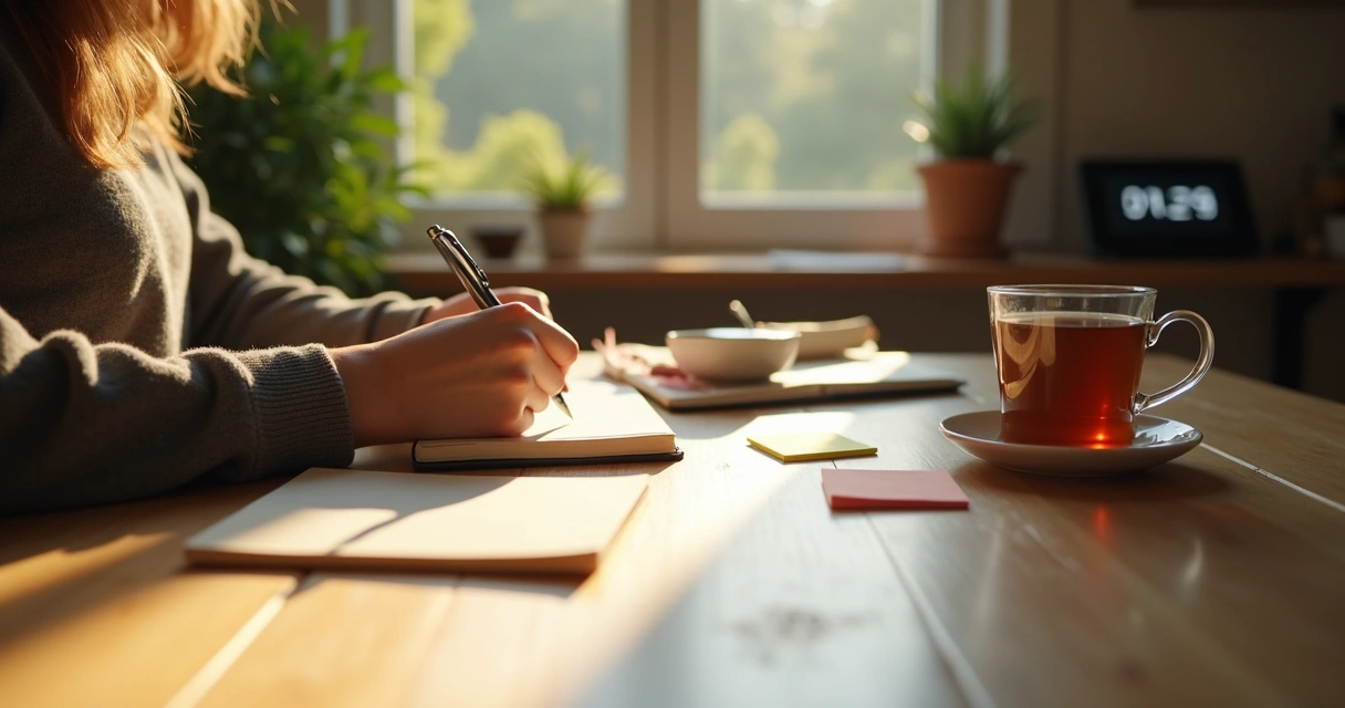 Person writing in a reflection journal with a cup of tea and sunlight streaming onto the wooden table 