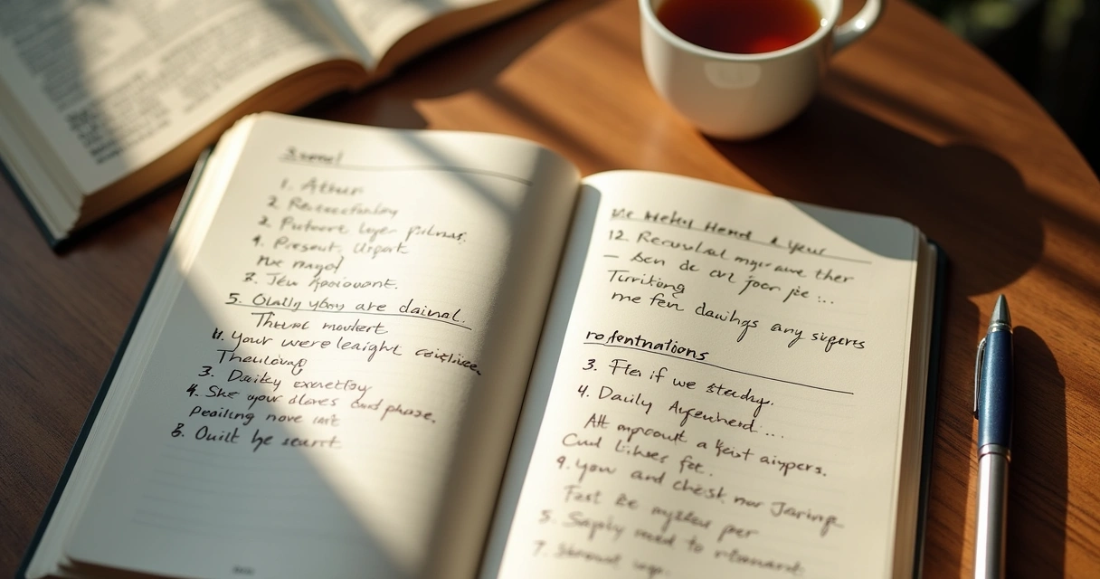 Open journal and pen with reflections and intentions written 