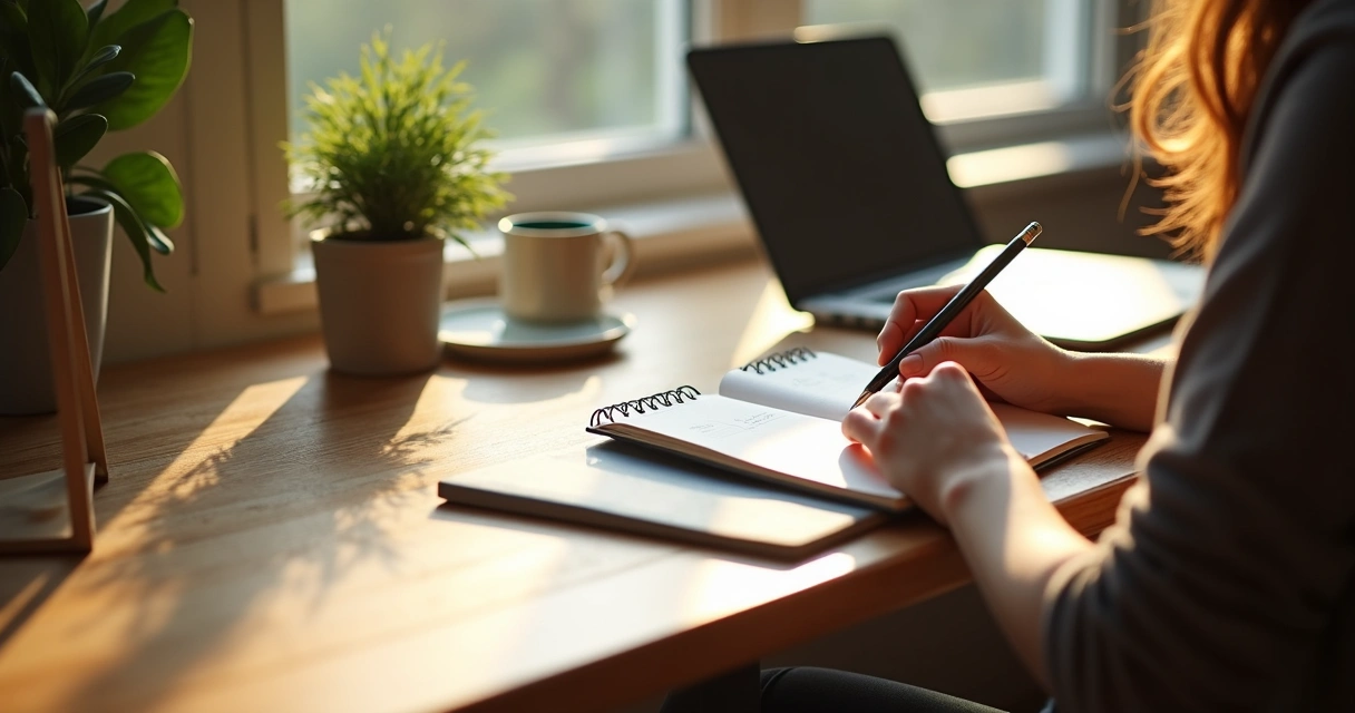Person writing a daily reflection journal at a tidy desk 