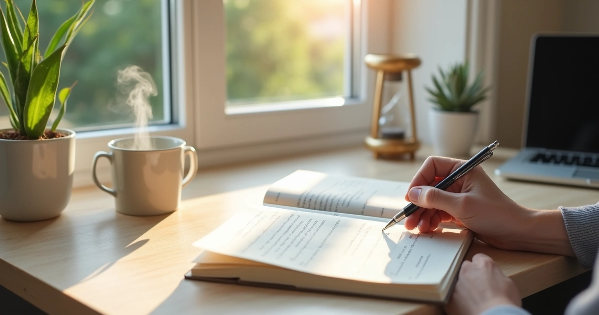 Person journaling at a tidy desk by a bright window with sunlight and plants 