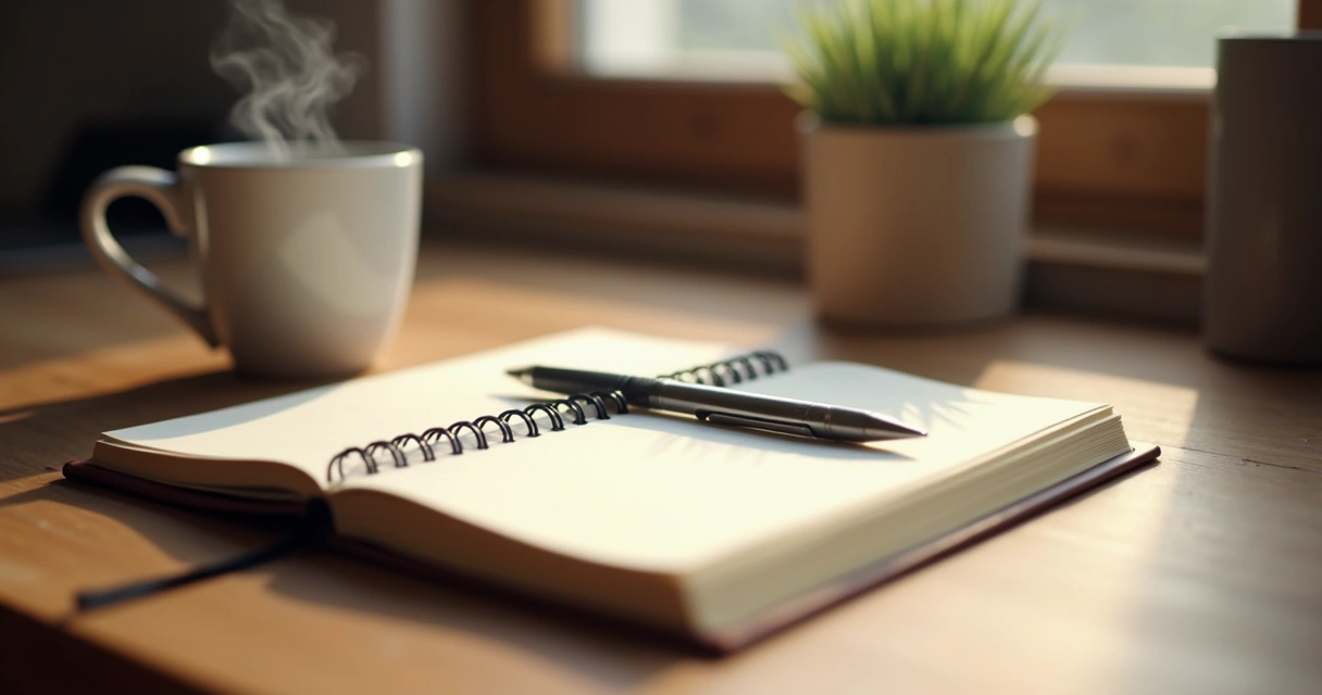 Notebook and pen with coffee mug on wooden desk