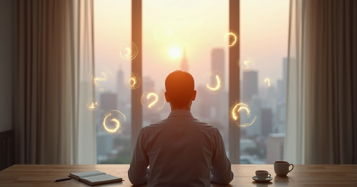 Person at table with floating glowing question orbits around head 